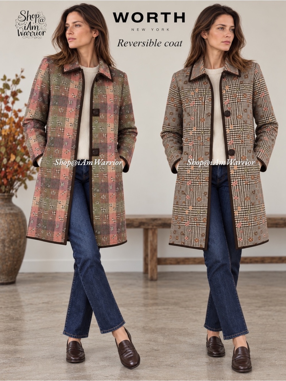 Worth New York Reversible Glen Plaid Floral Wool Blend Long Coat